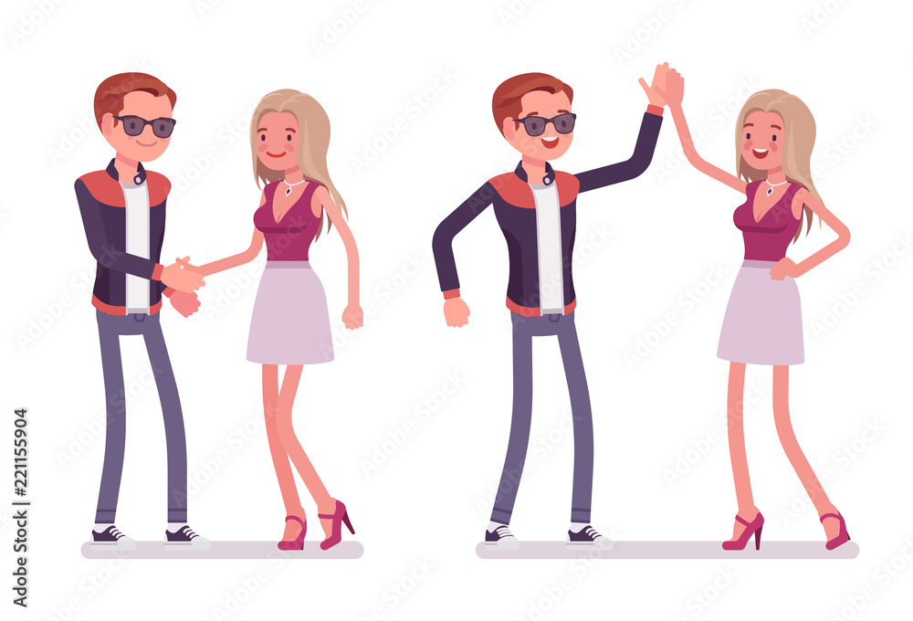 Male and female friends greeting Male and female friends greeting