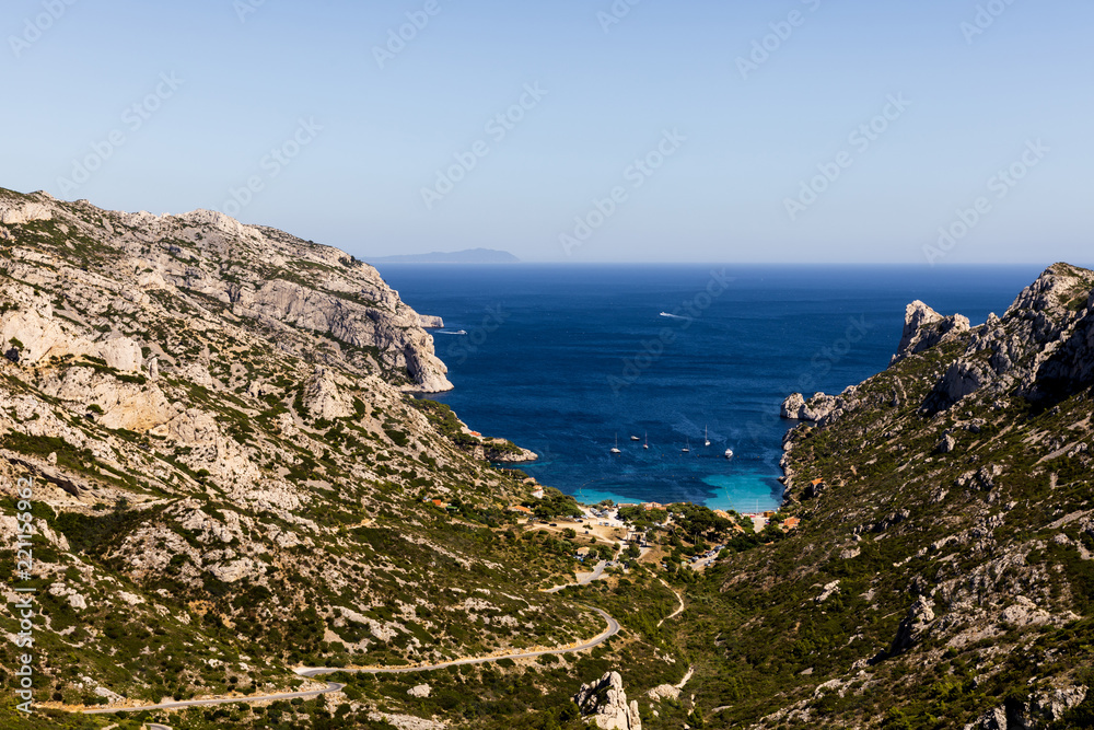beautiful rocky mountains and tranquil sea view in Calanques de Marseille (Massif des Calanques), provence, france