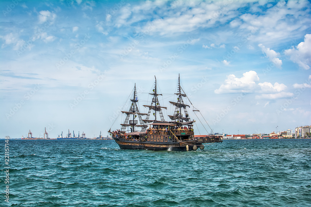 Thessaloniki, Greece - August 16, 2018: Tourist ship in Thessaloniki port, Greece Thessaloniki, Greece - August 16, 2018: Tourist ship in Thessaloniki port, Greece