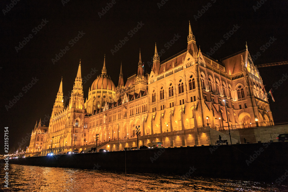 Night view of the illuminated building of the hungarian parliament in budapest