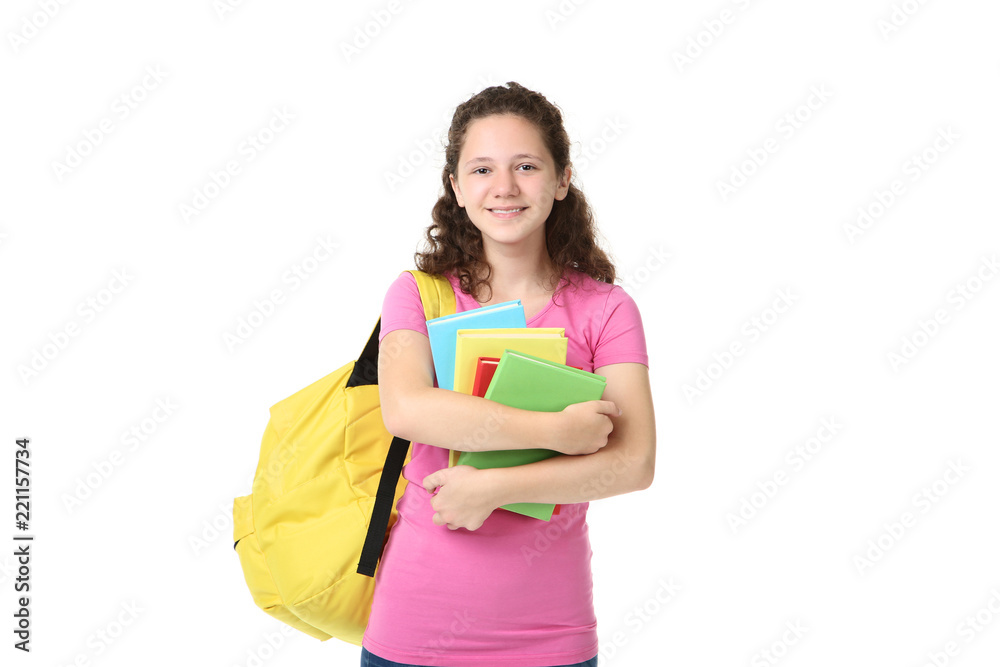 Young girl with backpack and books on white background Young girl with backpack and books on white background