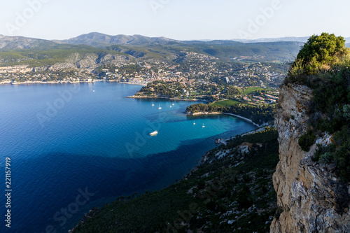 aerial view of village and calm sea with harbour and yachts in Calanques de Marseille (Massif des Calanques), provence, france