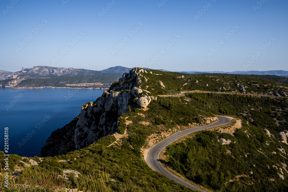 aerial view of winding road in mountains, Calanques de Marseille (Massif des Calanques), provence, france