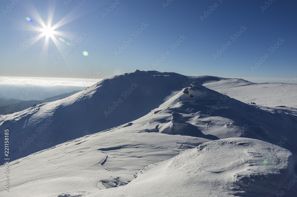 winter Carpathians covered with snow, mountain range Chornogora