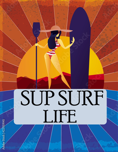 woman with supsurf board illustration