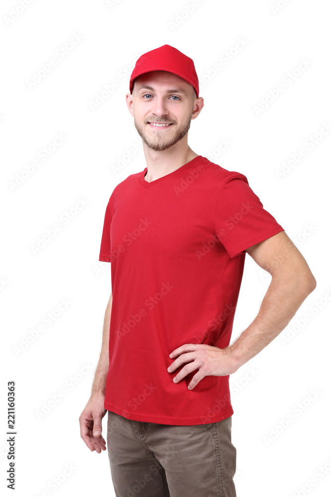 Delivery man in red uniform on white background