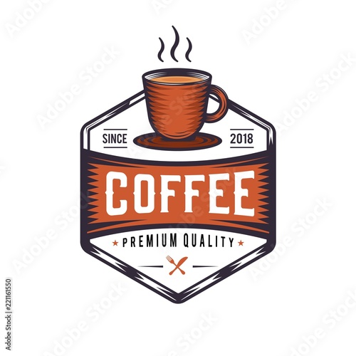 Hot Coffee and Croissant retro illustration, Vintage Logo for a coffee shop with coffee beans next to it. Morning breakfast drawing.