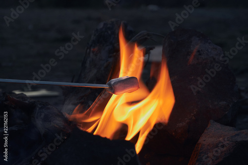preparation of very tasty sweet dessert of marshmallow on fire of a fire during a rest on a hike in a warm summer evening in nature