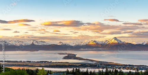Homer Spit and Kachemak Bay as viewed from the top of Saddle Mountain. Kachemak Bay State Park, in the background provide access to hiking, backpacking and water sport. photo