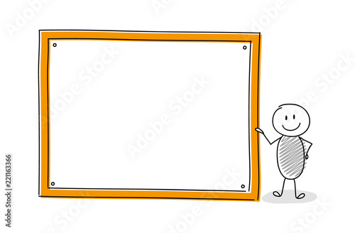 Funny cartoon character holding empty white board. Vector.