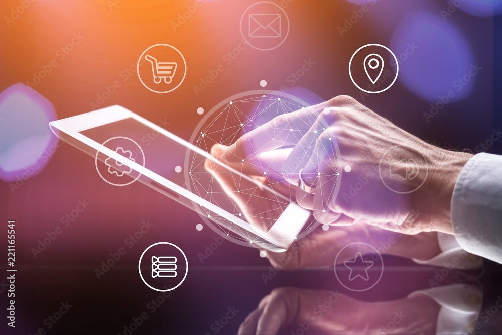 Fototapeta premium Businessman hands holding digital tablet close-up view