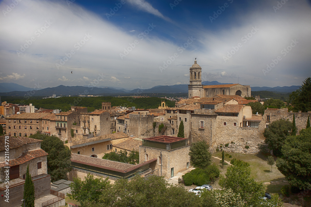 Panoramic view of the old town Girona in Catalonia, Spain