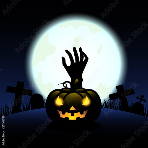 Silhouette pumpkin carving and hand zombie in graveyard for halloween day