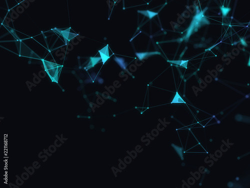 Abstract 3d technology futuristic geometrical and science neon visualization. Plexus digital wallpaper. Business concept. Big data and artificial intelligence. Rendering computer virtual reality