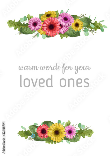 Wedding floral invitation, invite card. Vector watercolor style forest greenery, herbs, eucalyptus, gerbera, chamomile, waxflower natural, decorative frame, border, elegant