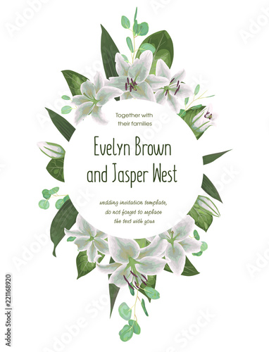Wedding floral invitation, invite card. Vector watercolor style forest greenery, herbs, eucalyptus, white delicate lilly, waxflower natural, botanical green decorative round frame, border, circle