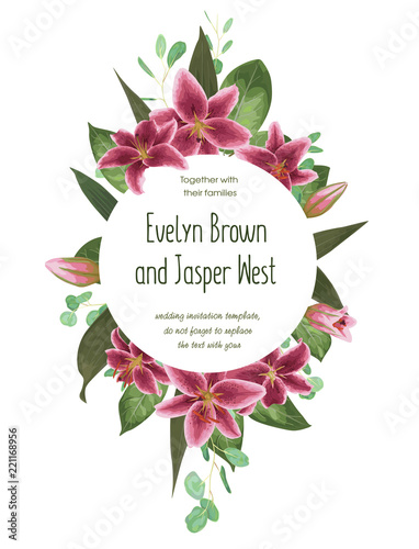 Wedding floral invitation, invite card. Vector watercolor style herbs, eucalyptus, tender burgundy, pink lilly, natural, botanical green decorative round frame, border