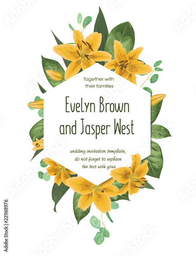 Wedding floral invitation, invite card. Vector watercolor style herbs, eucalyptus, yellow delicate lilly, waxflower natural, botanical green decorative round frame, geometric
