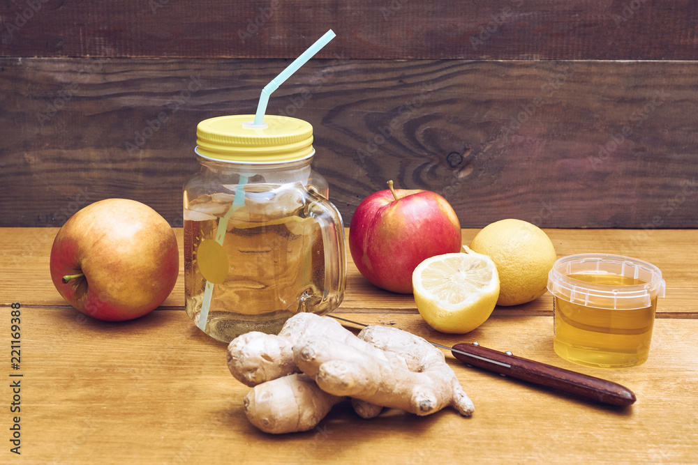Homemade energy drink switchel in a mason jar