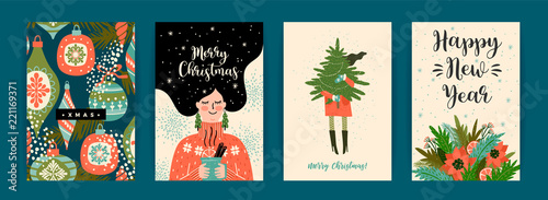 Christmas and Happy New Year templates. Trendy retro style.