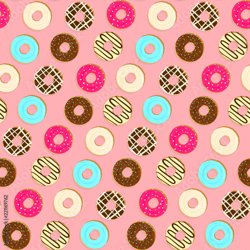 Tender pink seamless pattern with colorful tasty fried topping donuts. Cute cartoon vanilla, chocolate dessert texture for wrapping paper, textile, cover, background, wallpaper