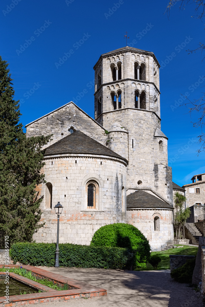 View of Sant Pere de Galligants Benedictine abbey in Girona, Catalonia, Spain, touristic landmark, travel destination