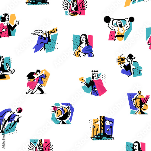 A set of icons on the theme of art forms. Music, choreography, singing, literature, theater, circus. Hobbies of creative people. Icons for the site, banner and print. Emblems, symbols. Pattern.