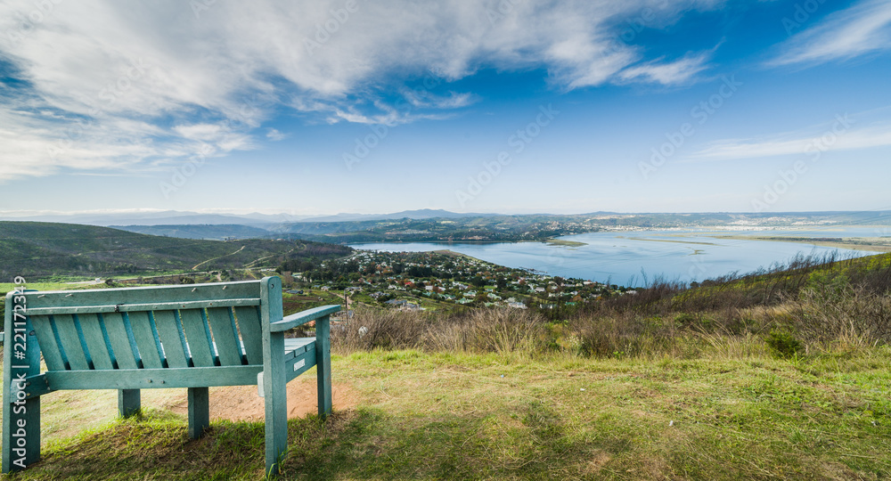 bench and view of Knysna lagoon, South Africa