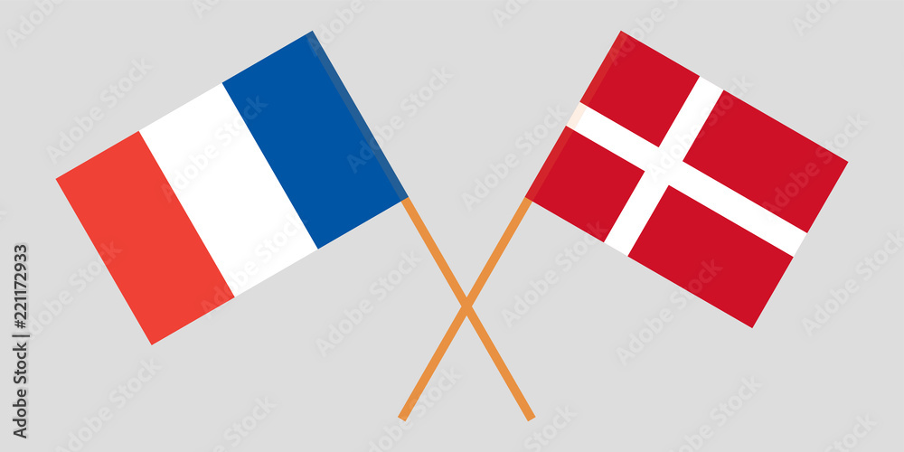 France and Denmark. Crossed French and Danish flags. Official colors. Correct proportion. Vector