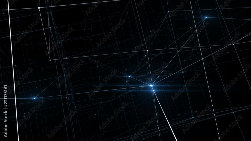 Beautiful Moving Glowing Signals Inside Growing Network. Abstract Net of Lines and Dots with Flying Flares Blue Color. Looped 3d Animation Business and Technology Concept. 4K Ultra HD 3840x2160.