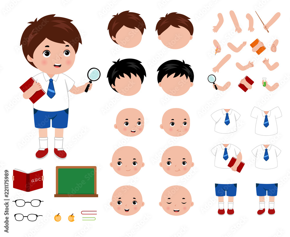 Adorable little school boy character constructor. Cartoon style vector illustration.
