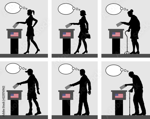 American citizens voting for election in USA with thought bubble