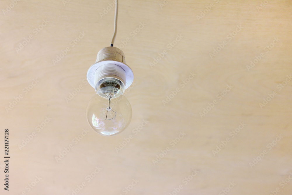 Light Bulb Lamp Hanging on a Ceiling Isolated on Wooden Texture Background.  Industrial Image with Single Old Simple Lightbulb with No Light and Empty  Copy Space at the House Stock Photo