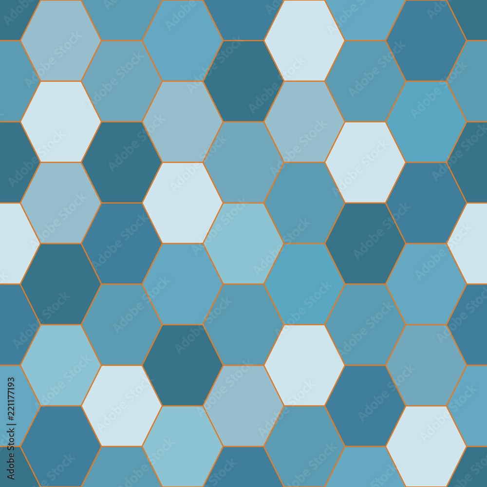 Seamless tiled pattern. Blue hexagons with orange strokes. Seamless tiled pattern. Blue hexagons with orange strokes.