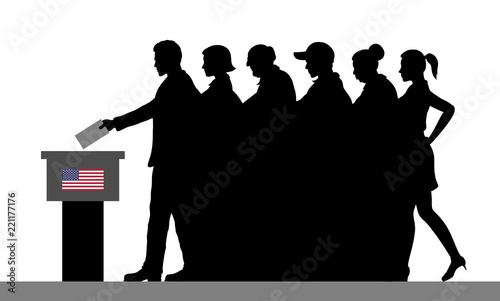 American voters crowd silhouette by voting for election in USA