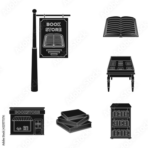 Library and bookstore black icons in set collection for design. Books and furnishings vector symbol stock web illustration.