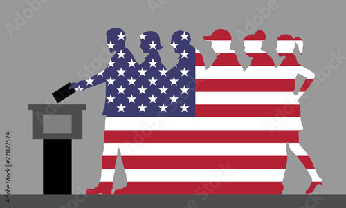 American voters crowd silhouette like USA flag by voting for election