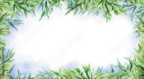 Watercolor abstract winter horizontal background. Branches of fir. Winter landscape.