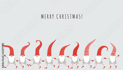 Christmas Card, Seasons greetings , cute Christmas gnomes in red hats photo