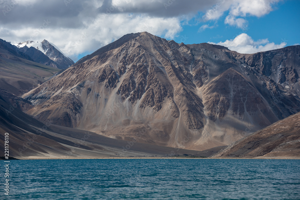 View point at Pangong Lake with blue and turquoise water, Himalaya mountain, sky and cloud background in summer View point at Pangong Lake with blue and turquoise water, Himalaya mountain, sky and cloud background in summer