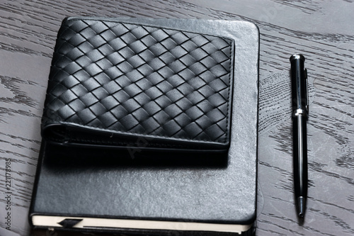 blacket wallet on wooden table photo