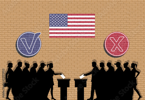 American voters crowd silhouette in election with check marks and USA flag graffiti
