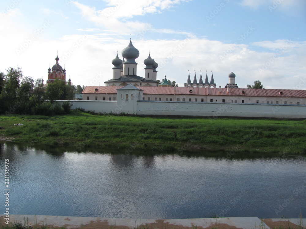 Beautiful panoramic view of the Orthodox monastery and the river, Russia