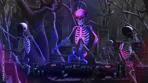 Seamless animation of a skeleton dijing with turntables in a cemetery at night. Funny halloween background.	 photo