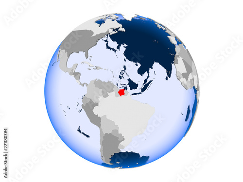 Suriname on globe isolated