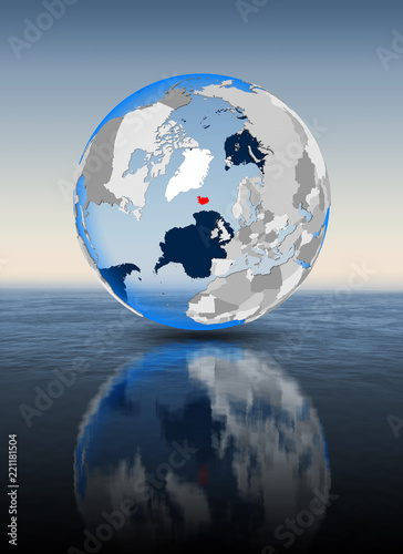 Iceland on globe in water