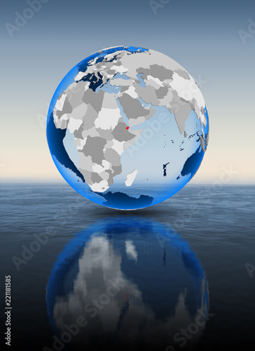 Djibouti on globe in water