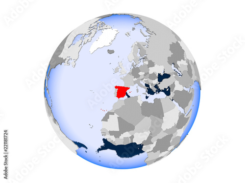 Spain on globe isolated