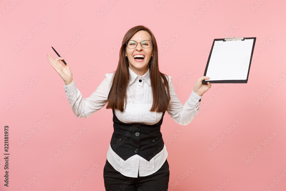 Young laughing business woman spreading hands with clipboard tablet with blank empty sheet workspace copy space isolated on pink background. Lady boss. Achievement career wealth. Advertising area. Young laughing business woman spreading hands with clipboard tablet with blank empty sheet workspace copy space isolated on pink background. Lady boss. Achievement career wealth. Advertising area.