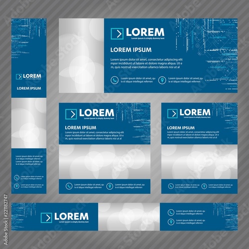 Set of web banners in standard sizes. Vector Abstract Templates design With background and header, diagonal stripes and button. 